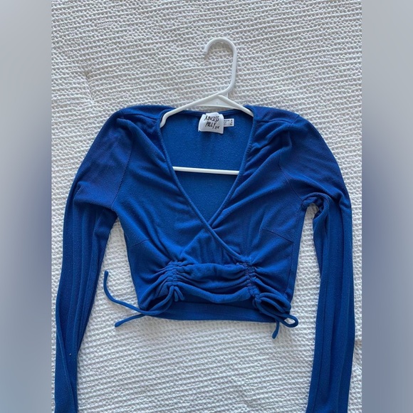Princess Polly Blue Ribbed Faux Wrap Crop Top Long Sleeve Size 13 - Picture 3 of 4